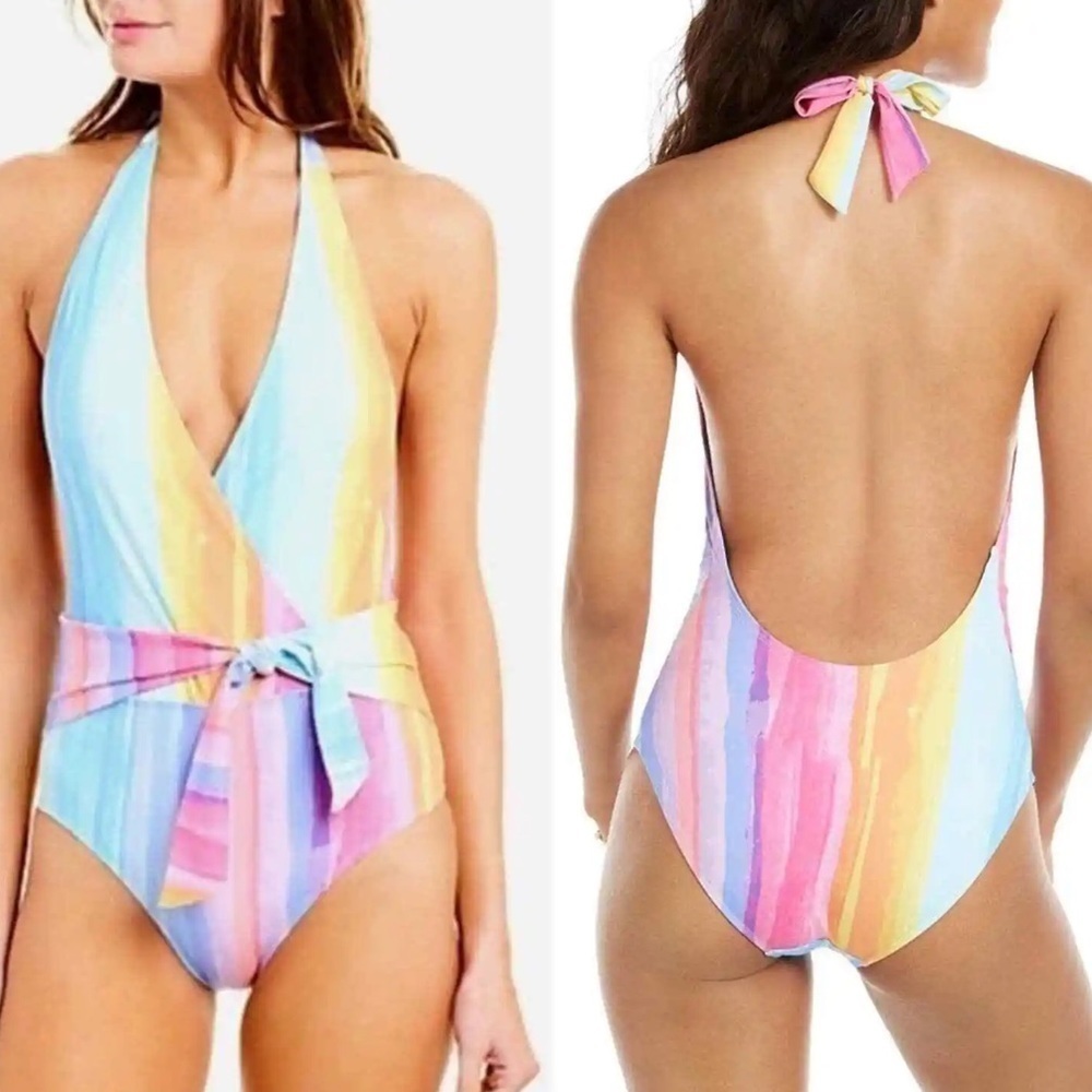 Rachel Roy colorful rainbow halter one piece swimsuit size large